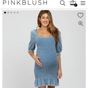 Light Blue Square Neck Smocked Denim Maternity Dress